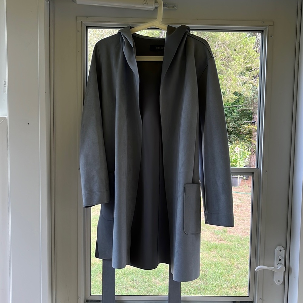 Gray suede hooded Zara open trench length coat with belt